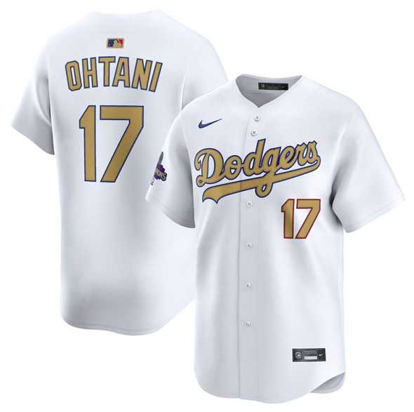 Mens Los Angeles Dodgers #17 Shohei Ohtani White 2025 Gold Collection Limited Stitched Jersey Dzhi